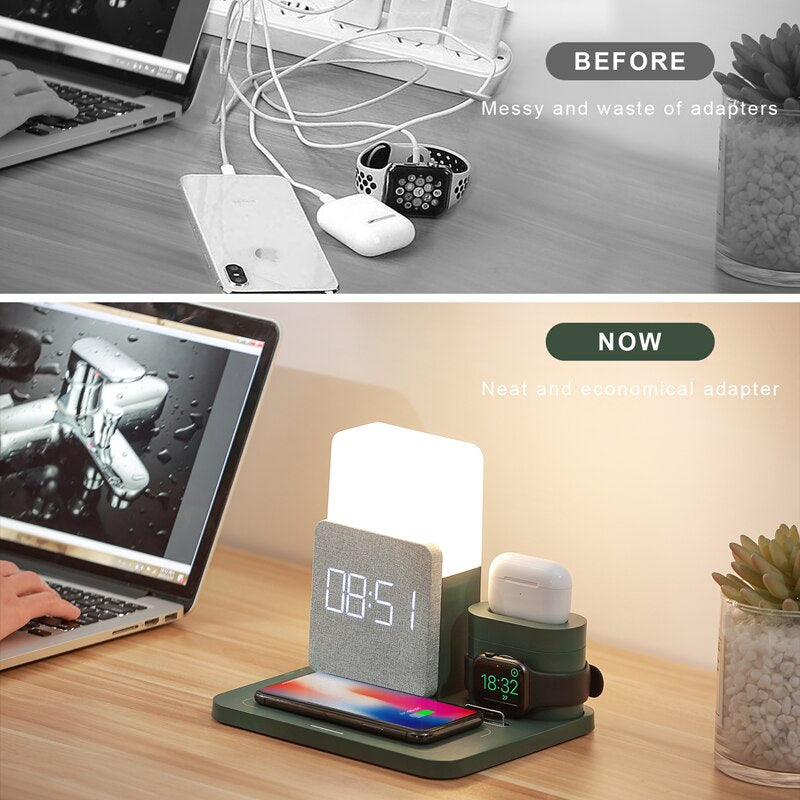 4 In 1 Fast Wireless Charger Station Alarm Clock with Lamp for Apple