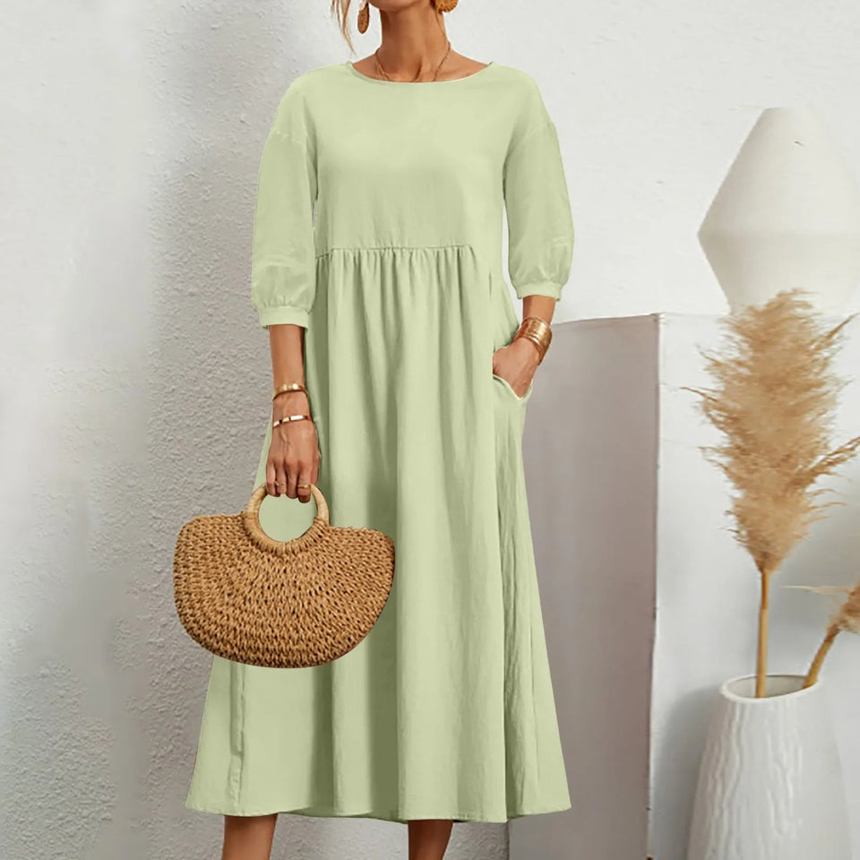 A-Line White Midi Dress for Women with Stylish Patchwork Details and Loose Fit