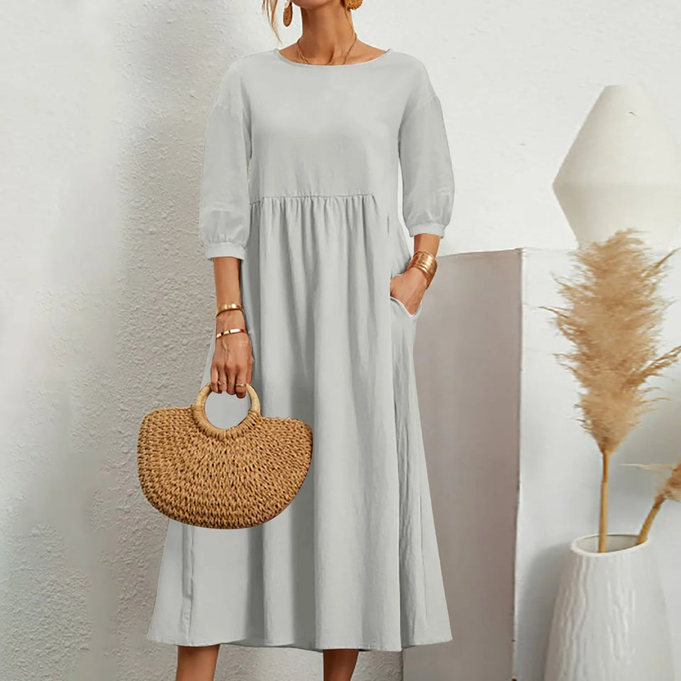 A-Line White Midi Dress for Women with Stylish Patchwork Details and Loose Fit