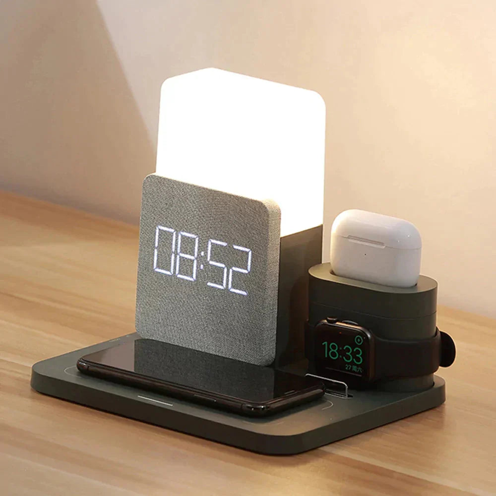 4 In 1 Fast Wireless Charger Station Alarm Clock with Lamp for Apple