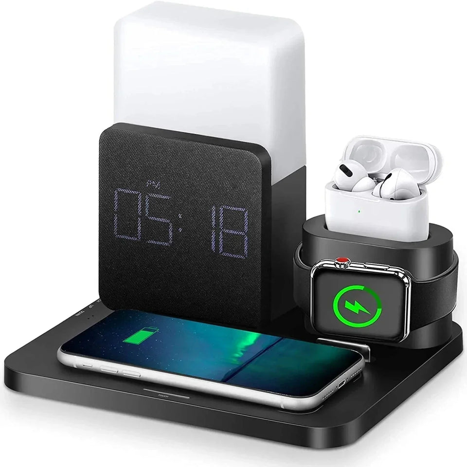 4 In 1 Fast Wireless Charger Station Alarm Clock with Lamp for Apple